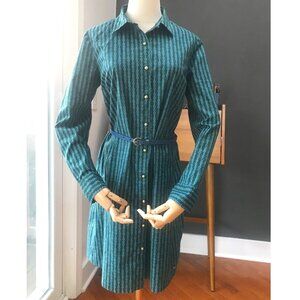 Tommy Hilfiger BeltedShirtDress Gold Buttons Green/Teal/Blue Chainlink Sz Medium